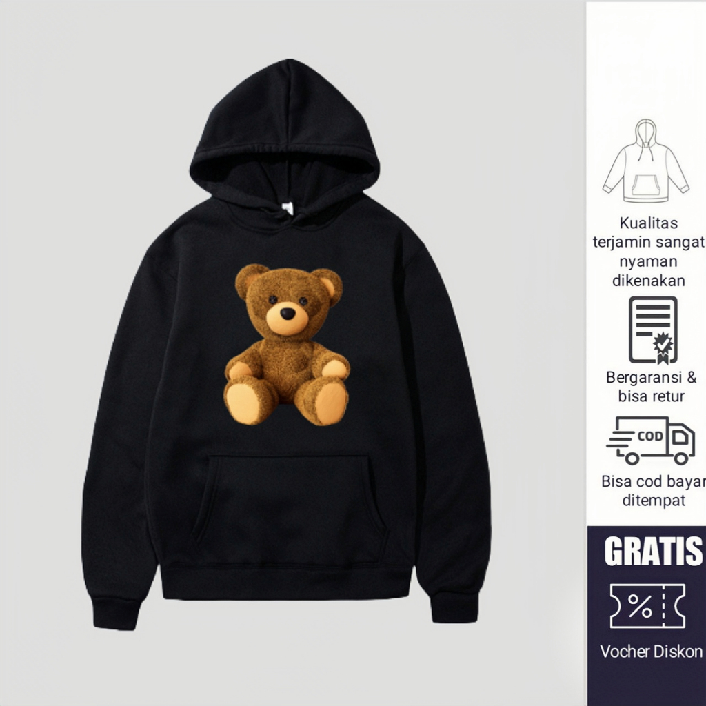 Sweater Hoodie Cute Bear Hodie Hitam Size M - XXL Pria Wanita Hoddy Boneka Beruang Cewek Cowok Distr