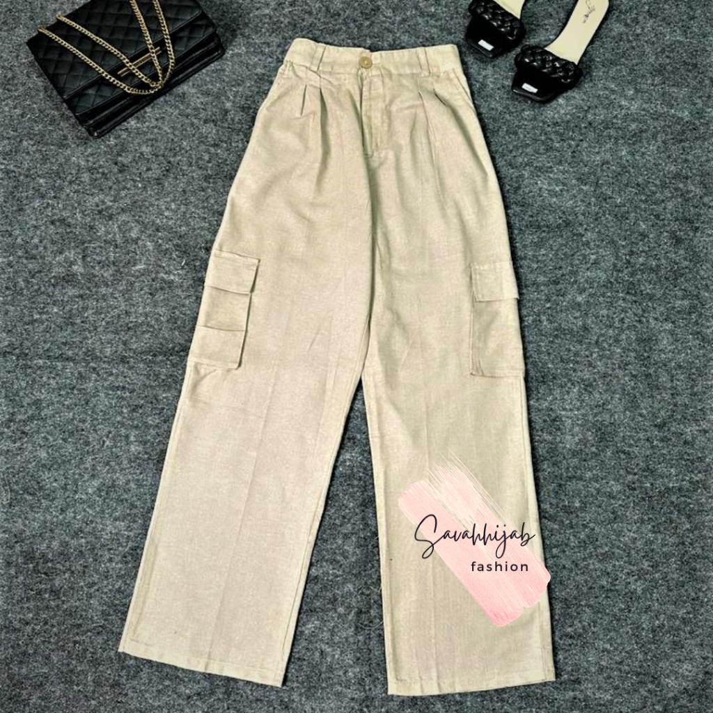 CARGO PANTS HIGHWAIST / CELANA CARGO BAHAN LINEN