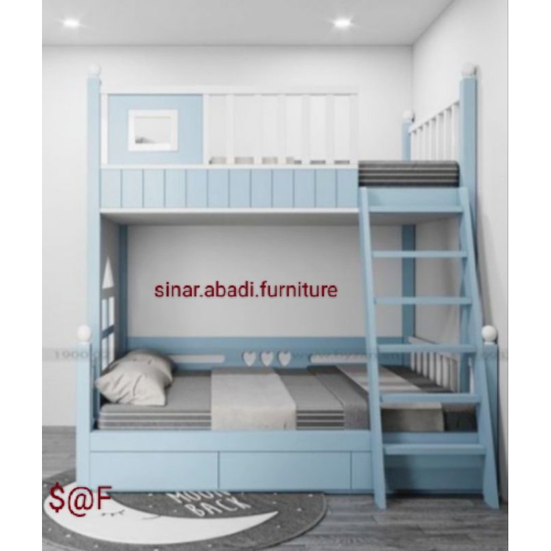 tempat tidur anak tingkat+2laci bawah kasur size 100×200×180