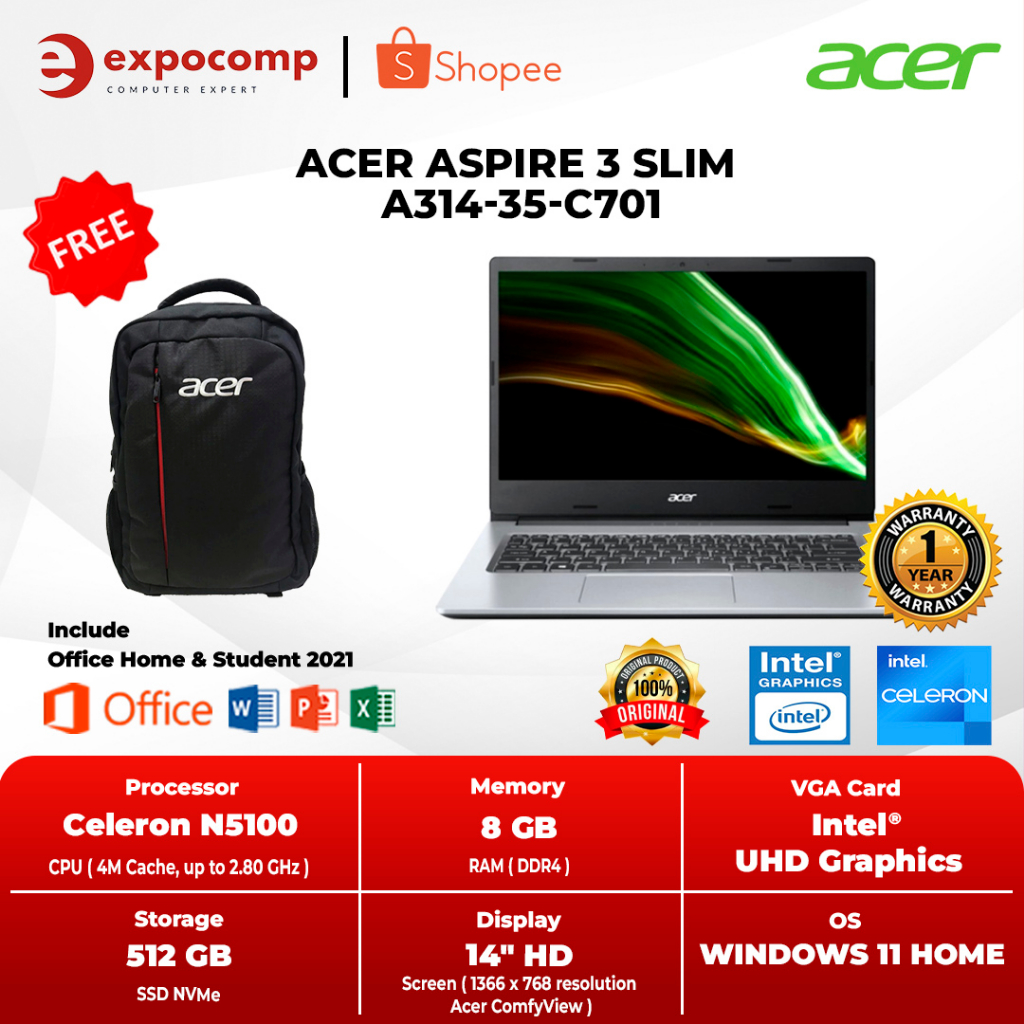 ACER ASPIRE 3 SLIM A314-35-C701 SILVER CELERON N5100 8GB 512GB W11+OHS