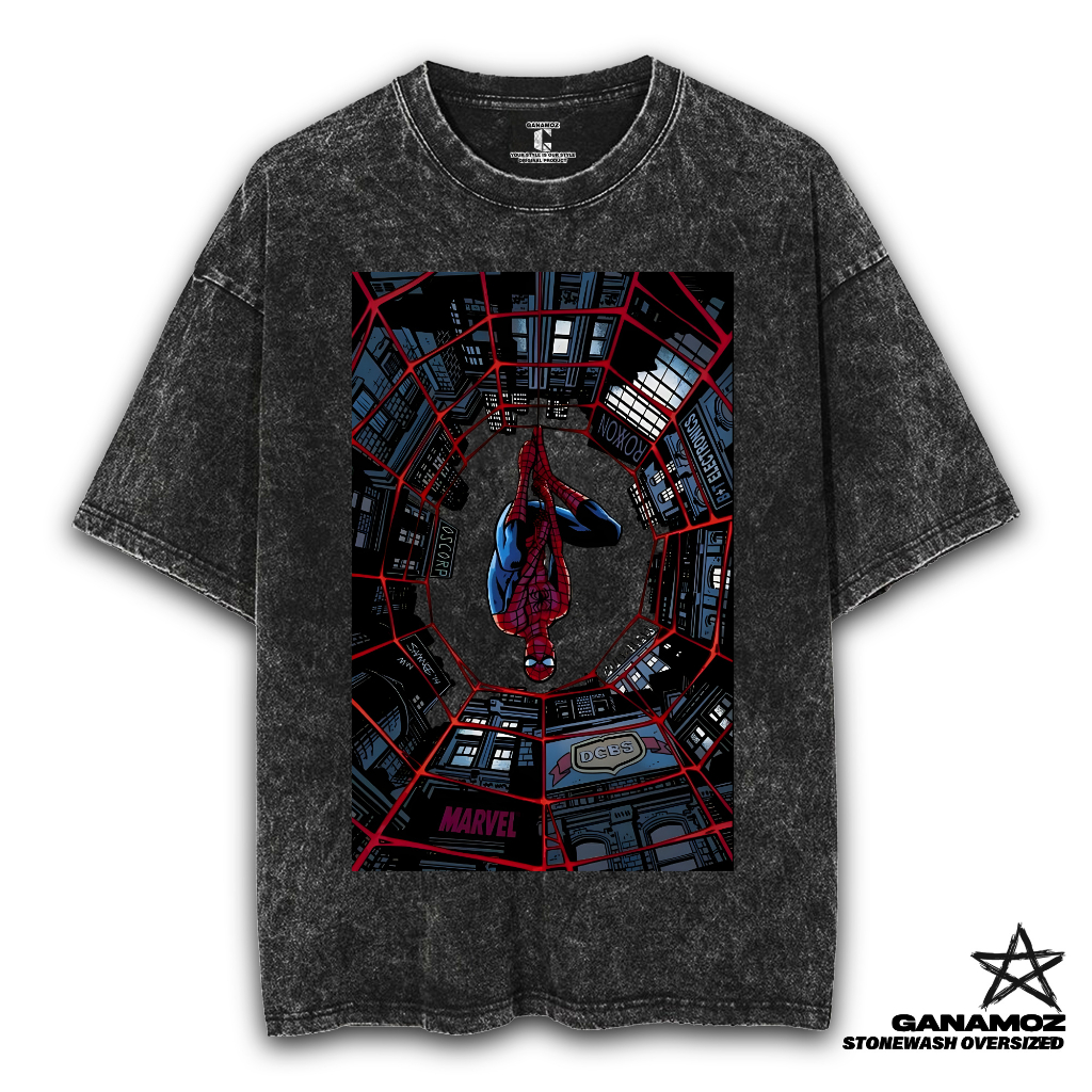 GANAMOZ Kaos Kartun Spiderman IN THE CITY Stone Wash Oversize T-shirt | Kaos Oversize Wanita | Kaos 