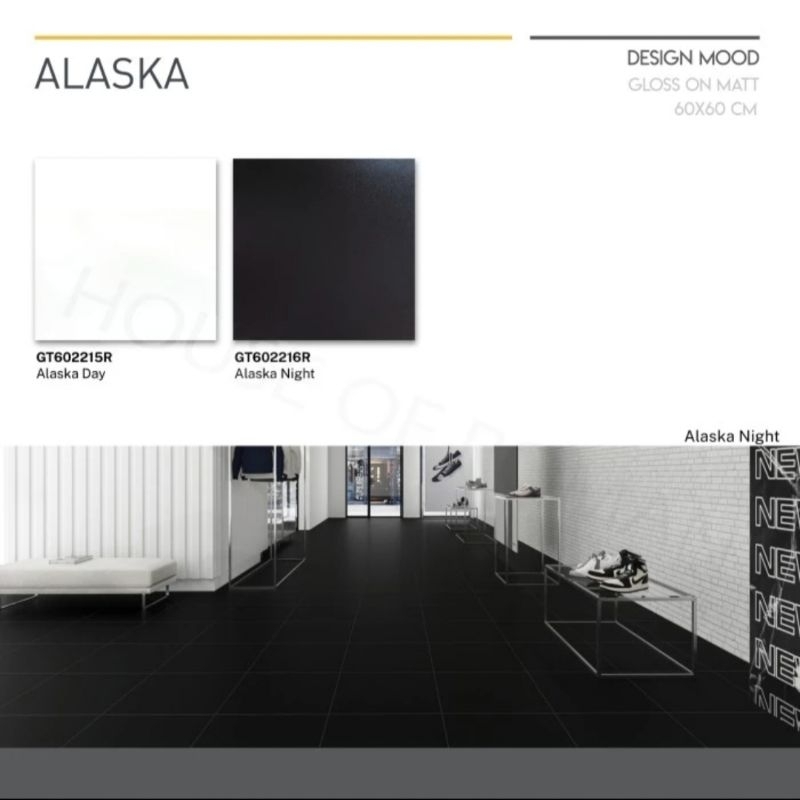 Roman Granit Lantai 60x60 Alaska Series (Design Mood) / Granit Lantai Hitam / Granit Lantai Putih / Granit Lantai Hitam Putih / Granit Lantai Monokrom / Granit Lantai Minimalis / Lantai Keramik Hitam / Lantai Keramik Putih / Lantai Keramik Hitam Putih