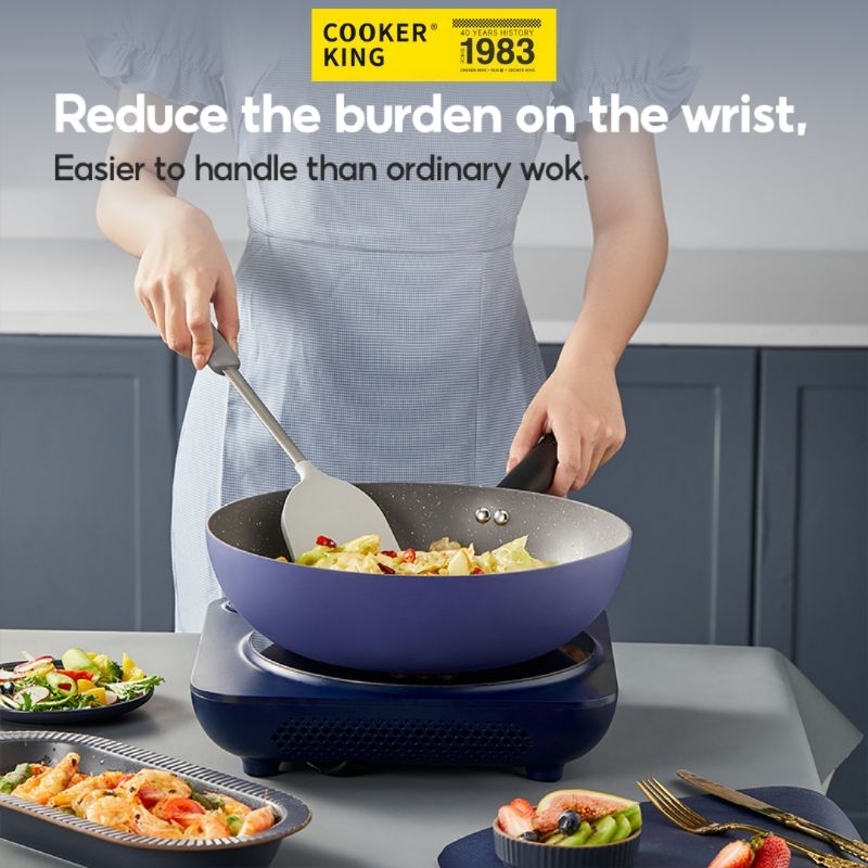 Cooker King Non Stick Wok 30 cm + Lid Granite Coating Premium Serenity Blue Series Wajan Anti Lengke