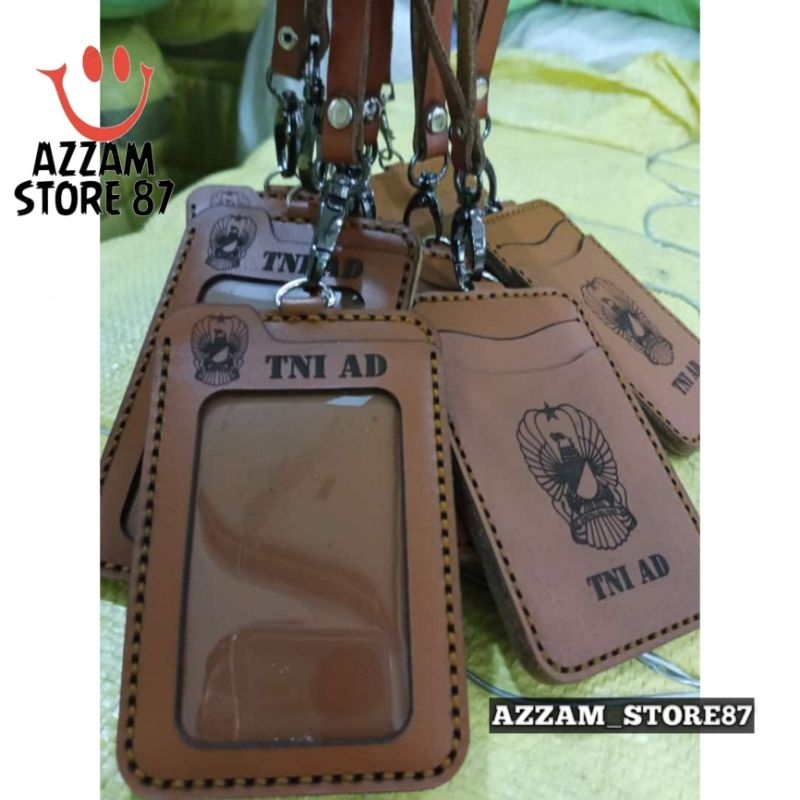 

Holder ID Card Tali Lanyard Name Tag Kulit Asli Logo TNI AD