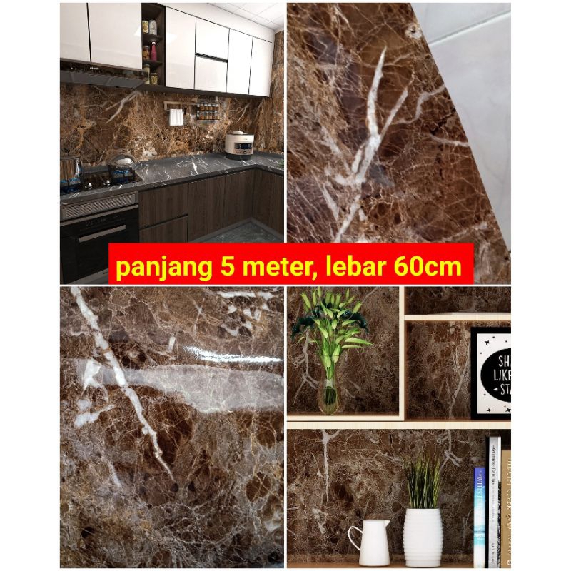(60cm x 5 M) wallpaper sticker Glossy MARMER COKLAT mewah stiker perabot lemari rak dapur countertop