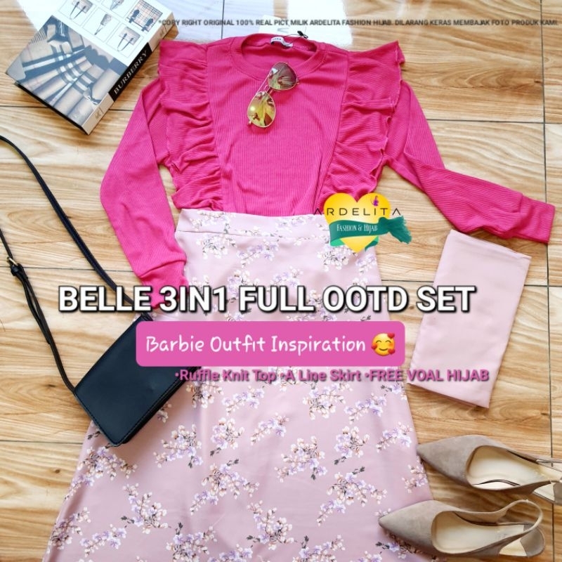 BELLE 3IN1 SET ORI 100% PAKET OOTD HIJAB HEMAT BARBIE OUTFIT INSPIRATION| SETELAN BAJU WANITA DEWASA