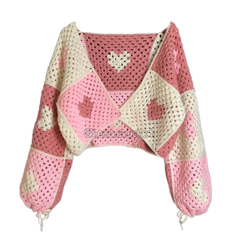 Heart Patchwork Cardigan | cardigan rajut dengan motif hati (handmade crochet)