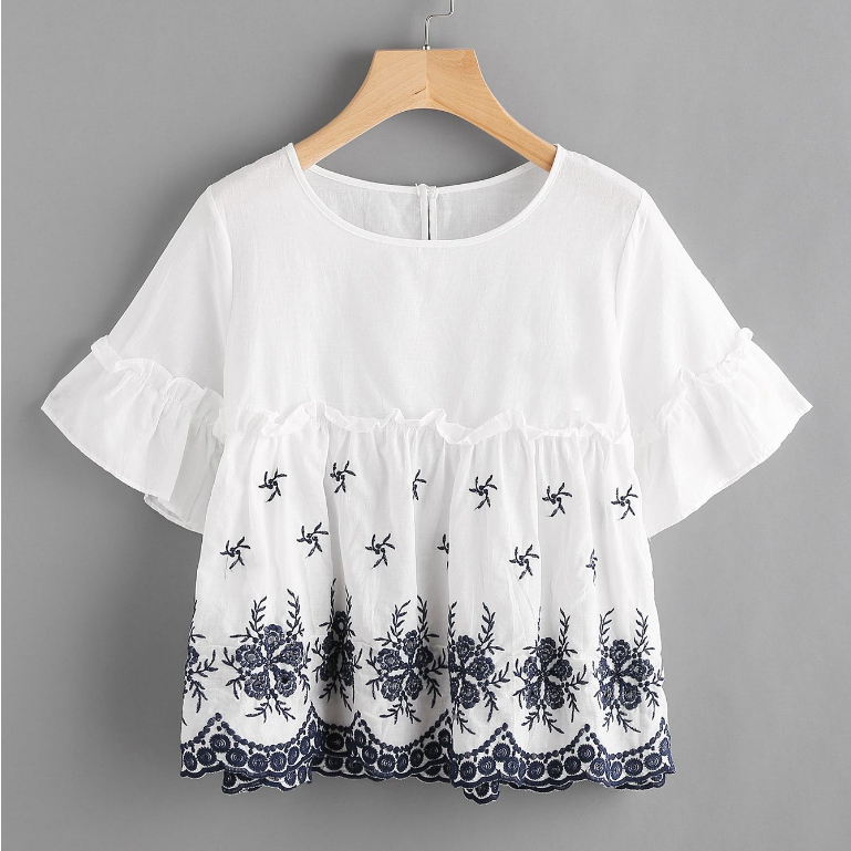 SENJACOLLECTION Baju Atasan Pakaian Blouse Blus Bangkok Putih jumbo Lengan Pendek Bordir