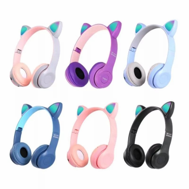 HEADSET HEADPHONE BLUETOOTH P47 CAT MACARON BANDO LED KUCING P-47 P47M