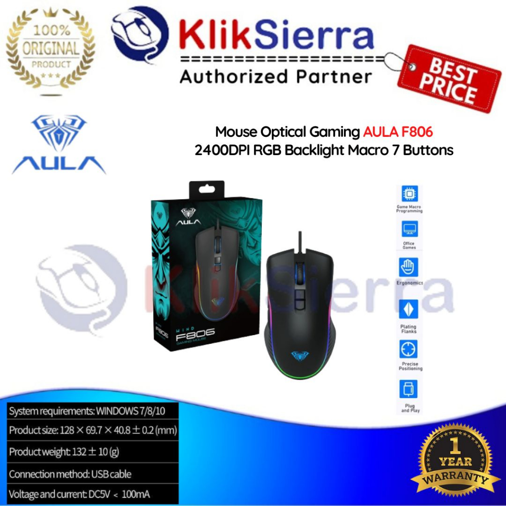Mouse Optical Gaming AULA F806 2400DPI RGB Backlight Macro 7 Buttons