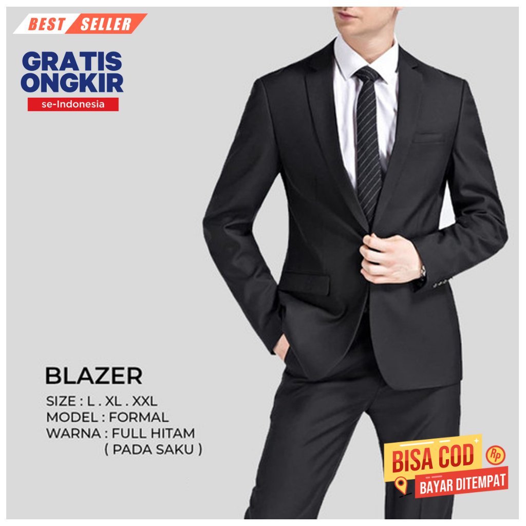 PROMO SETELAN JAS BLAZER PRIA SLIM FIT FORMAL CASUAL MODERN INCLUDE CELANA BAHAN FORMAL WARNA HITAM 