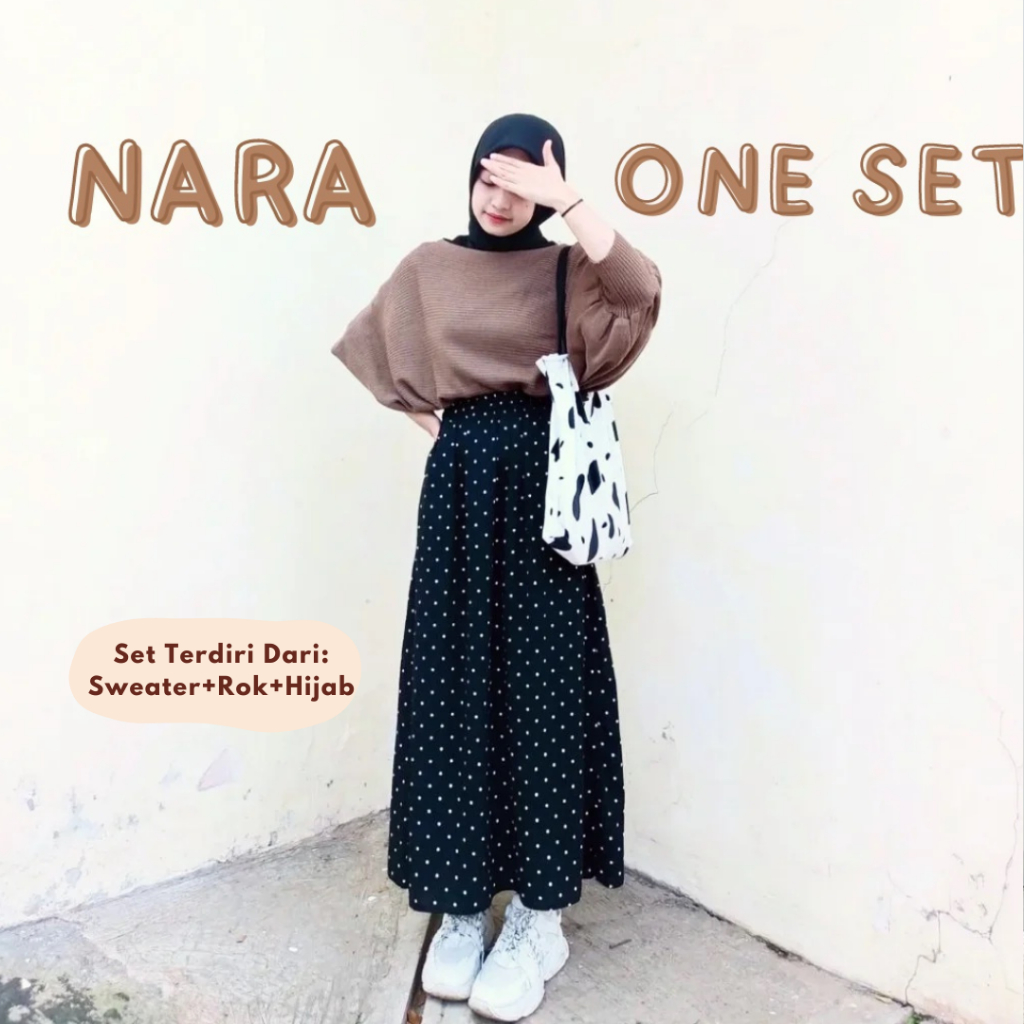 Nara One Set Sweater + Rok Polka - Setelan Wanita Sweater Batwing Rajut Dan Rok Polka - Set OOTD Kek