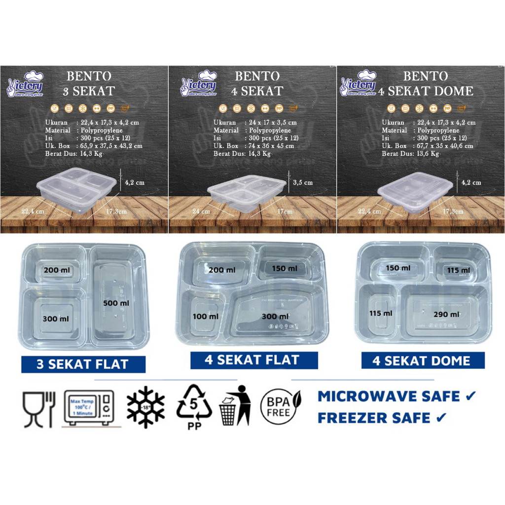 VICTORY Bento Dome Cembung Flat Datar ✓ sekat 3 °sekat 4 ✓ Lunch Box Kotak Makan Thinwall (25pcs/pac