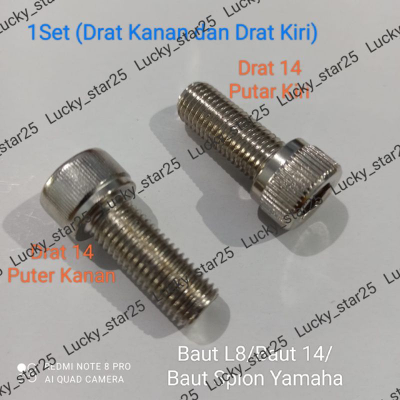 (Harga 1 Set) Baut L8 Spion Yamaha Drat Kiri 14 Dan Drat Kanan 14