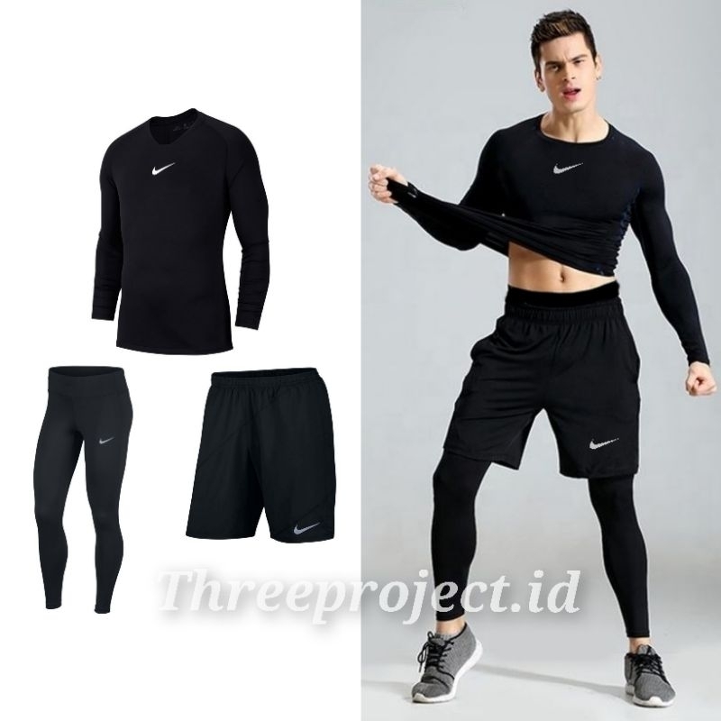 PAKET BAJU BASELAYER PRIA SETELAN MANSET LEGGING DAN CELANA FUTSAL OLAHRAGA SEPAK BOLA BAJU MANSET S