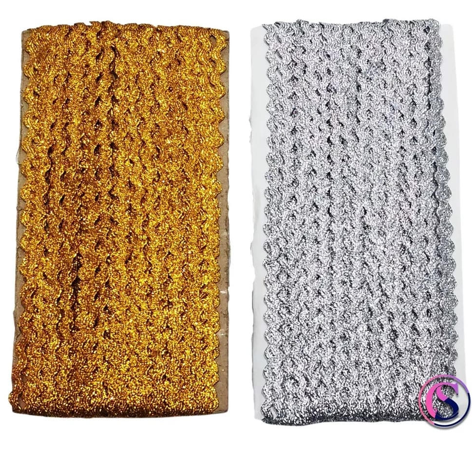 Renda zigzag tanggung / pita zig zag mas 0.5 cm / silver / renda biku 18 yard (isi 16 meter) / renda