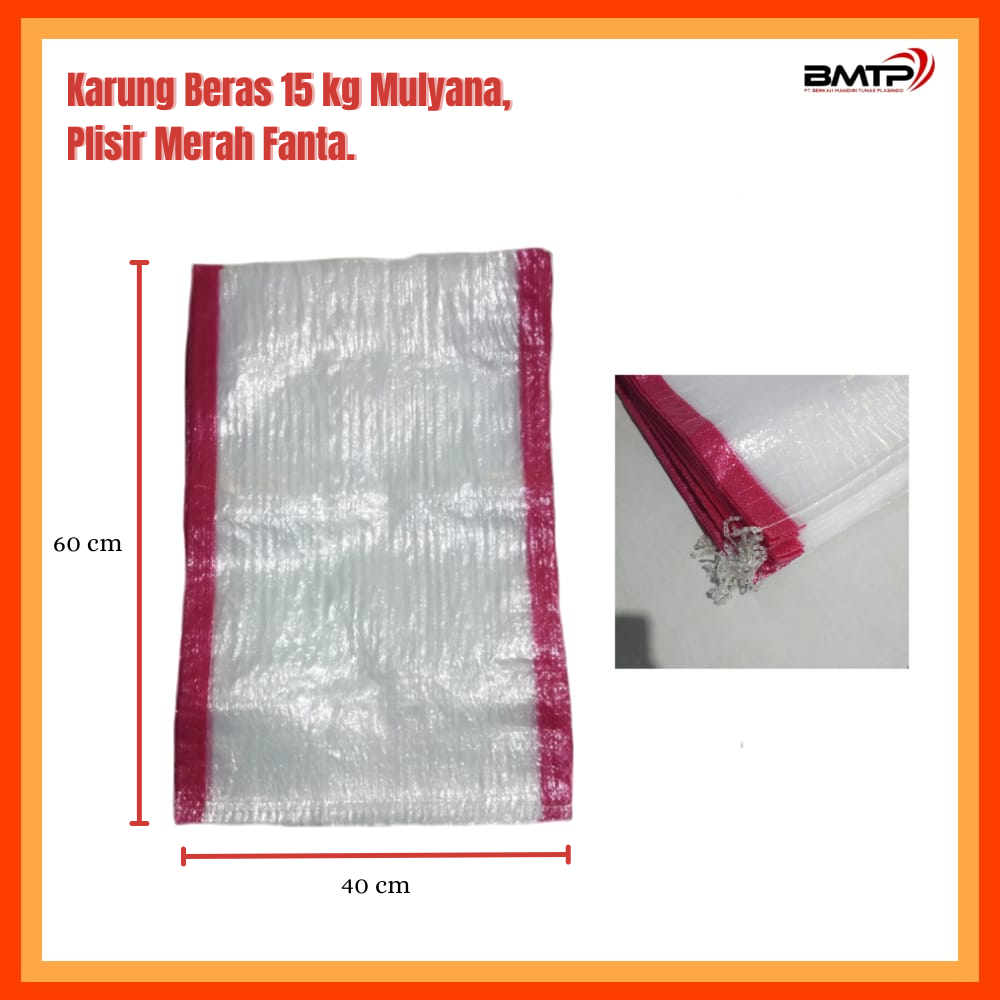 Karung Beras 15 kg Transparan Putih Salju Plisir Merah Merk Mulyana /per 50 lembar