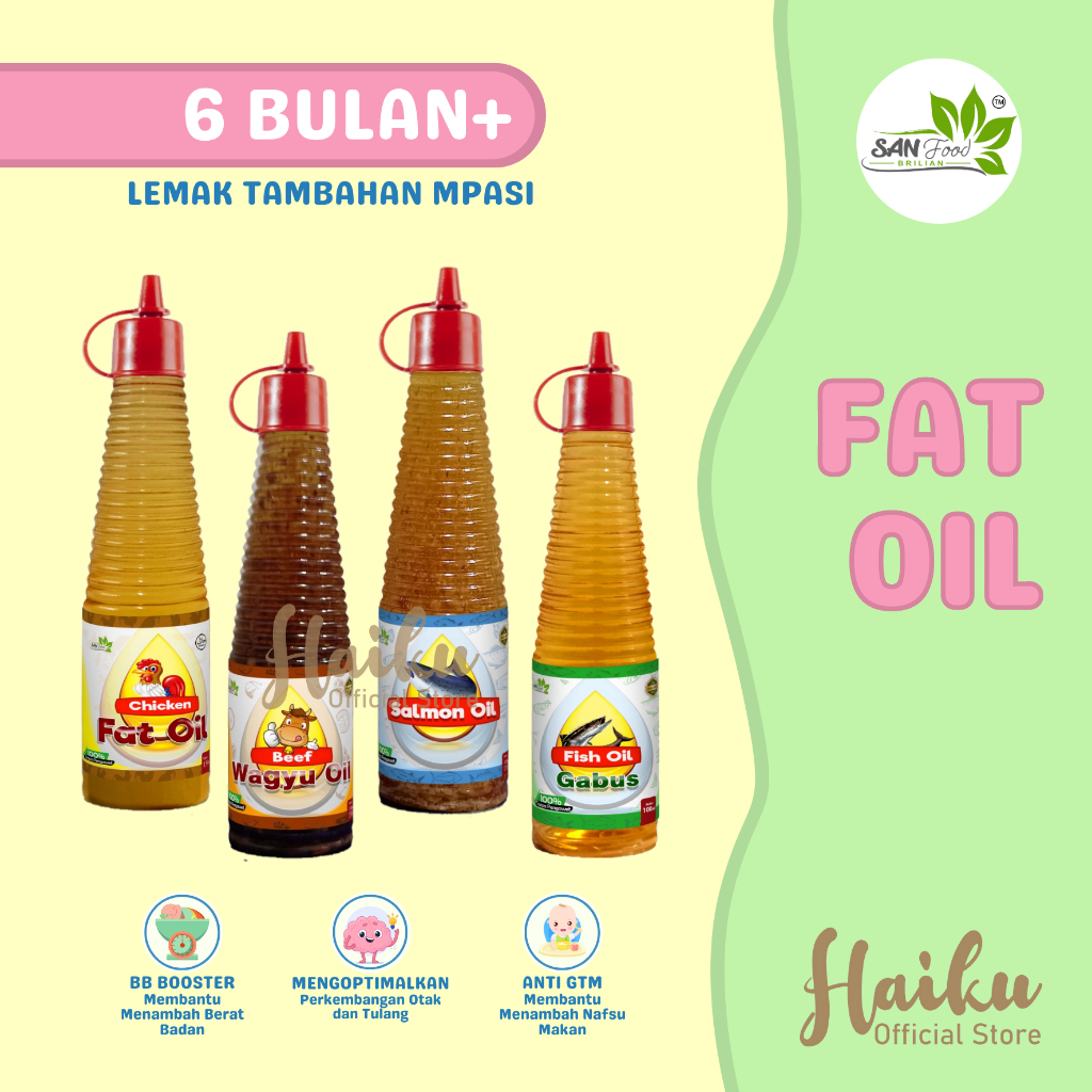 

Minyak Lemak Ayam, Salmon, Sapi Wagyu untuk MPASI / Minyak Bumbu MPASI Sanfood