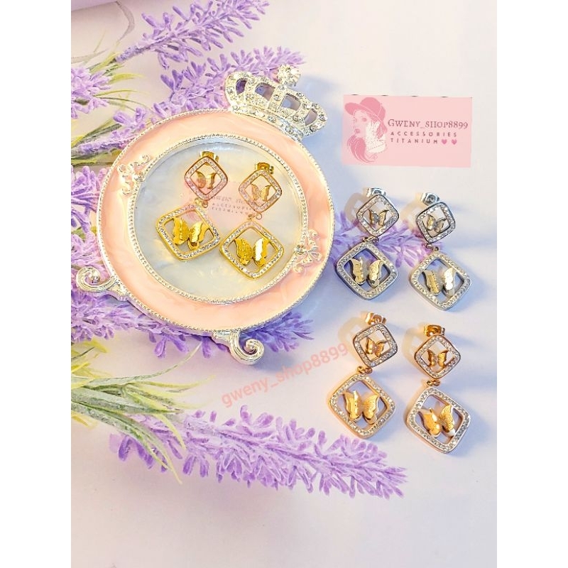 anting tusuk kupu permata / anting titanium anti karat dan anti luntur