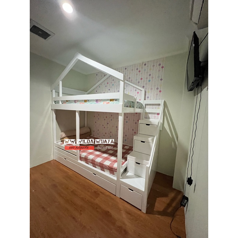tempat tidur tungkat anak kayu solid 100x200x250 tipe 2laci sorong bawah kasur