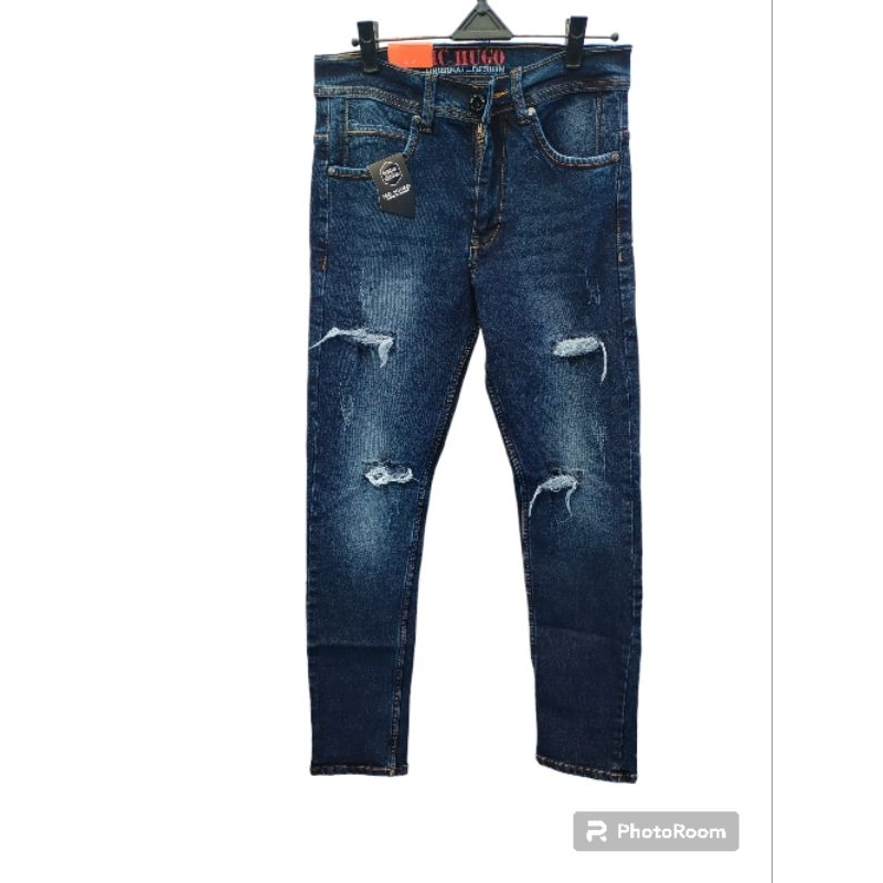 Celana jeans sobek lutut pria slimfit MC Hugo Original distro
