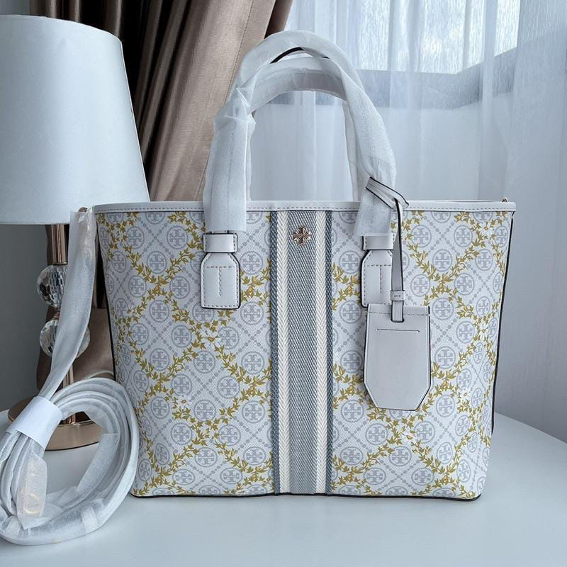 Tory Burch T-Monogram Canvas Floral Vine Small Tote Ivory Monogram Vine