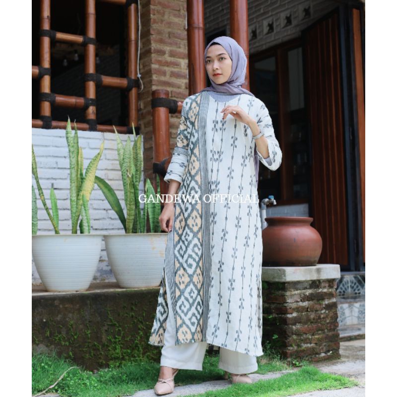 GANDEWA TENUN || Gamis Long Tenun Blanket Etnik Tradisional Jepara Motif Toraja Putih Outfit Trend M