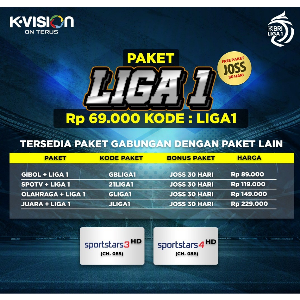 Paket Spotv dan Liga 1 K-Vision BRI Liga 1 Active 1 Bulan
