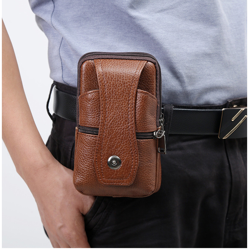 Dompet Hp Pinggang Pria doubel / single Slot Kulit Sapi Asli tas selempang kapasitas besar / tas cov