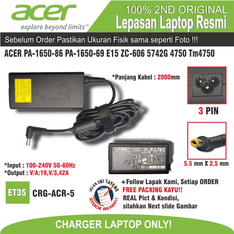 ET35 CRG-AC-5 CHARGER LITEON ACER PA-1650-86 PA-1650-69 E15 ZC-606 5742G 4750 TM4750