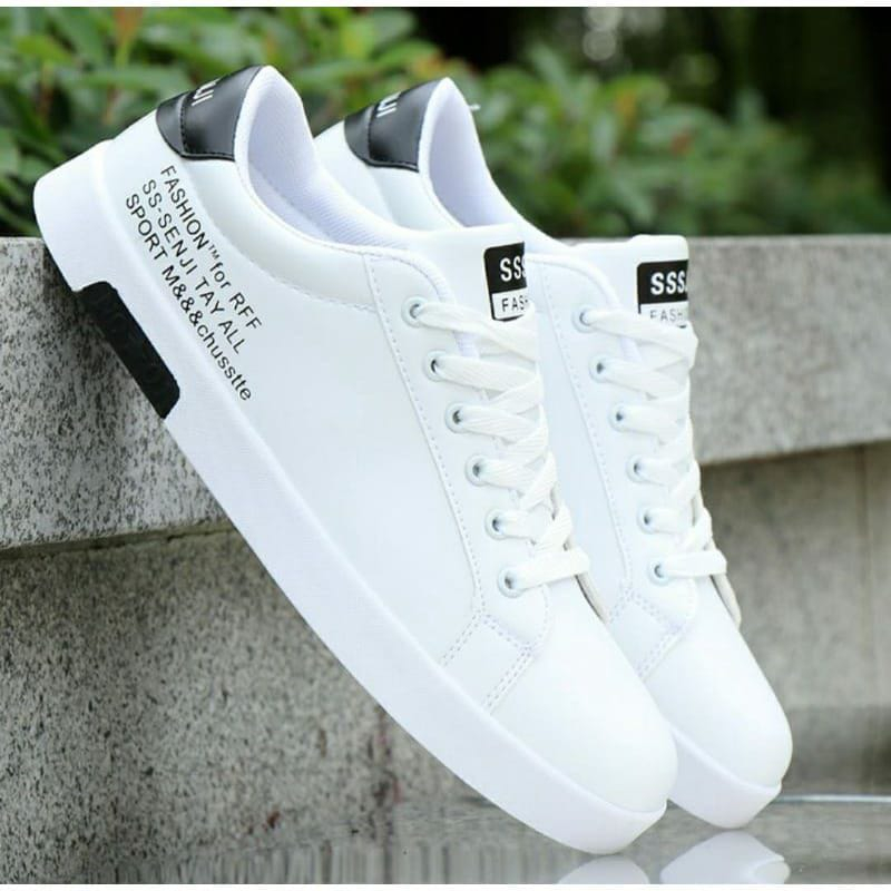 elm.co [COD] Sepatu pria Sneakers Putih &amp; Hitam sepatu olah raga pria ss.senji terlaris sepatu Pria casual senji hitam