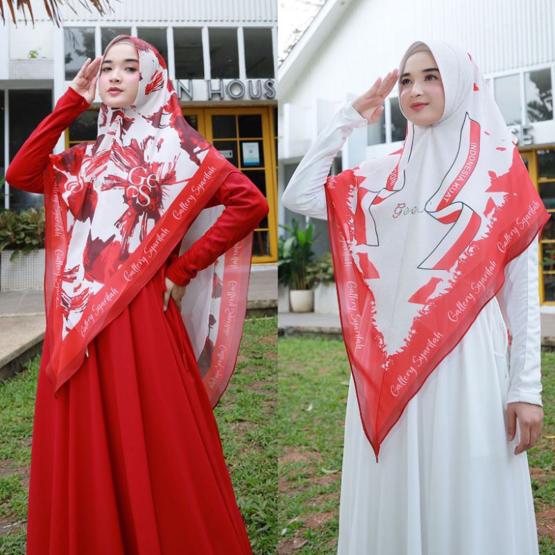 Khimar Printing Kemerdekaan By Gallery Syarifah Original Hijab Ceruty Printing Gees Merah Putih Mode