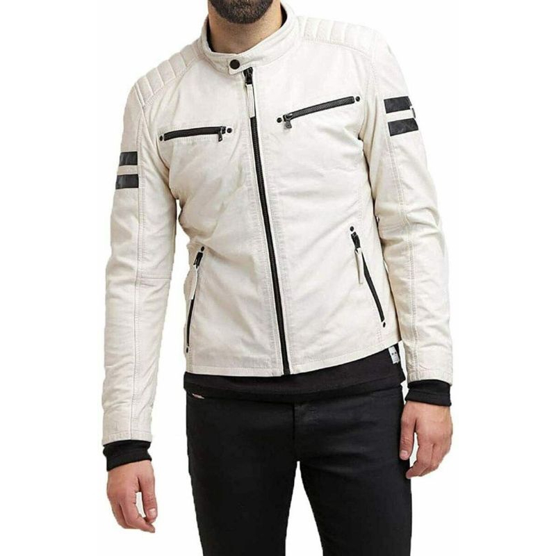 JAKET KULIT PRIA ASLI DOMBA WARNA PUTIH TULANG ORIGINAL 100% MODEL SPORTY