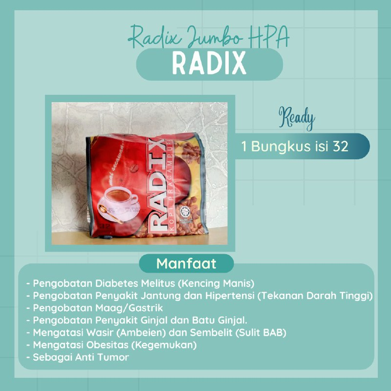 

Radix Jumbo HPA Isi 32 Sachet || Kadai Dayoem Oleh-oleh Haji dan Umrah, Herbal dan Organik