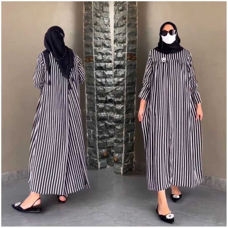 Lybel maxy dress series stripe garis salur BUSUI silang Lybel Polka Ada size JUMBO