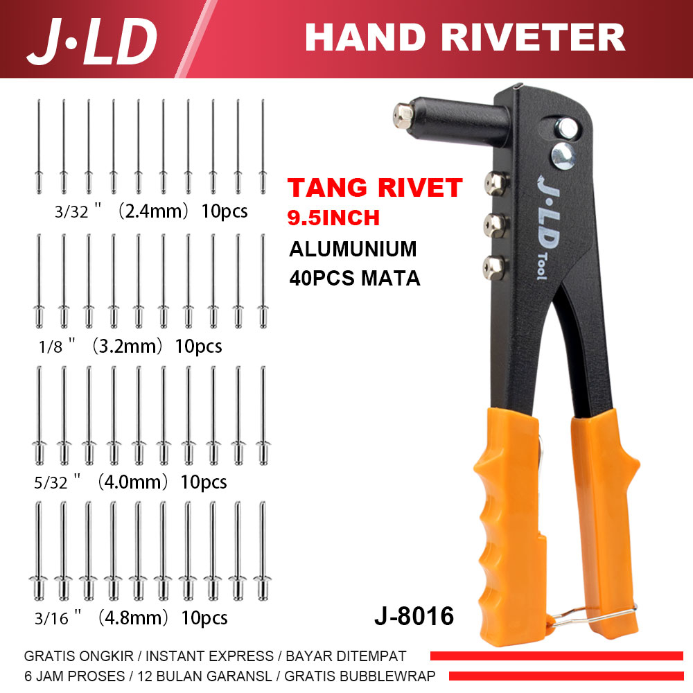 JLD Tang Rivet Alumunium 9.5INCH Hand Riveter Riveter Tembakan Paku 40pcs mata Heavy Duty Rivet Gun 