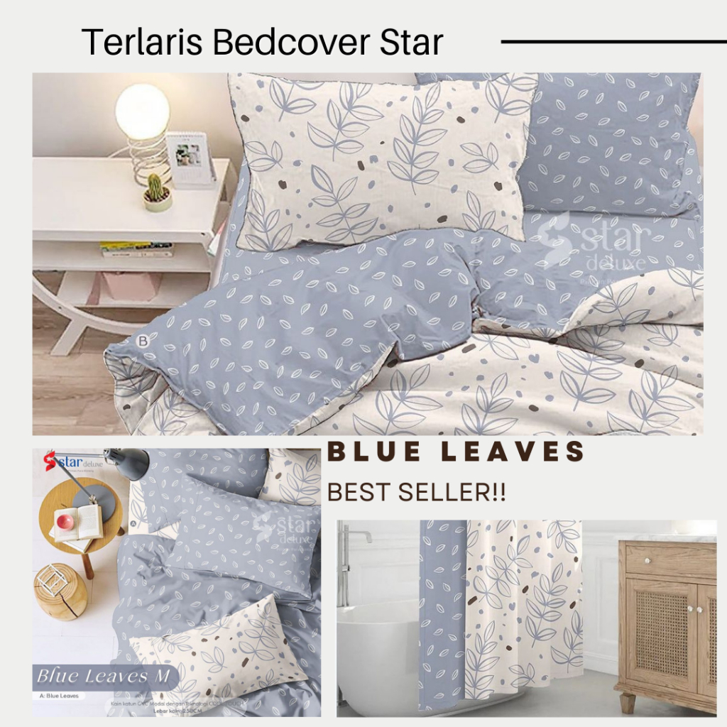TERLARIS Sprei set Bunga Katun Star Motif Blue Leaves All Size 90x200 100x200 120x200 160x200 180x20