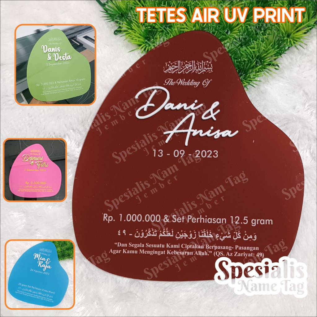 UV Print TETES AIR ABSTAK Akrilik Dekorasi Mahar Akrilik Brush Akrilik Nama Tanggal Nominal Isian Ma