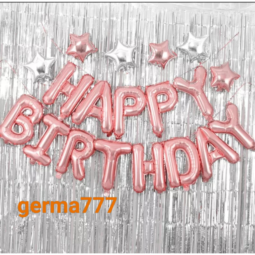 PAKET DEKORASI ULANG TAHUN TIRAI SILVER & BALON HAPPY BIRTHDAY WARNA ROSEGOLD FREE BALON ANGKA GOLD