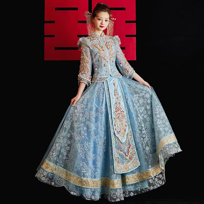 Gaun pengantin Xiuhe biru es Gaun pengantin Cina gaun pengantin industri berat menunjukkan pakaian roti bakar kimono kelas atas