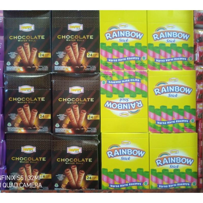 

Happy Time Premium Wafer Roll Coklat, Rainbow 1 Box Isi 24 Pcs