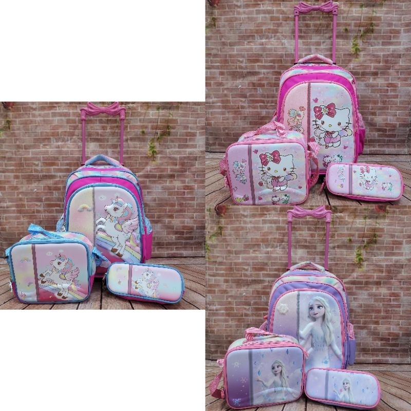 Troli 16” Cewek 3in1 Free Lunch Bag, Kotak Pensil Unicorn, Hello Kitty