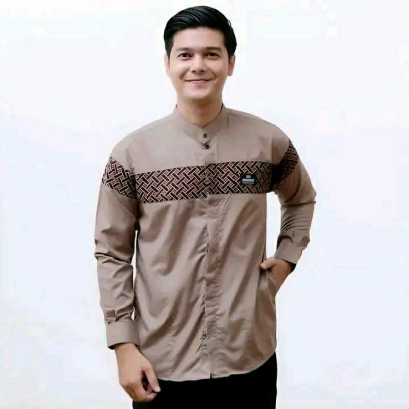 Baju koko pria lengan panjang f kobata kombinasi warna coklat putih hitam