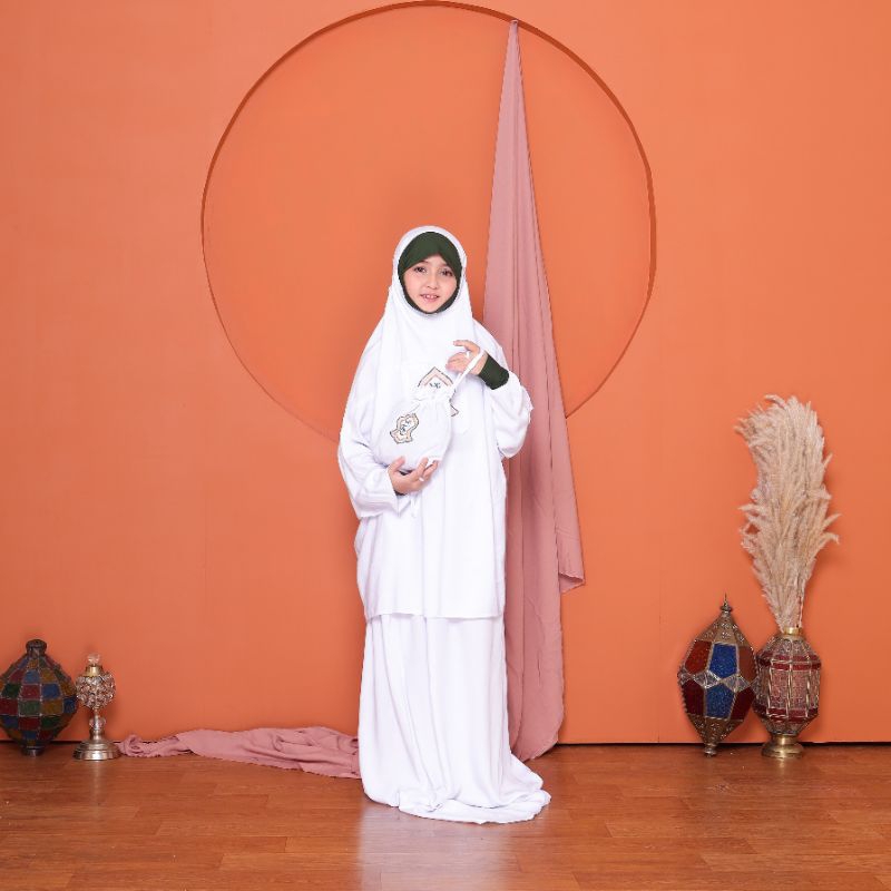 MJ Mukena ABH atas bawah hadramaut manset terompah putih anak