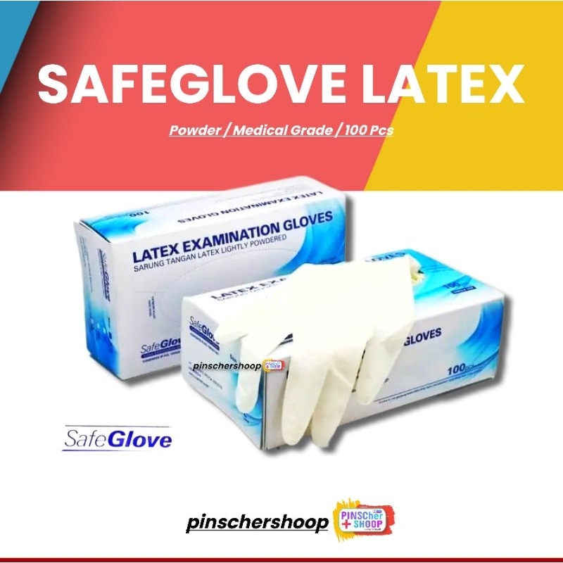 SARUNG TANGAN LATEX MERK SAFEGLOVE HANDSCOON LATEX BEDAK ISI 100 / BOX