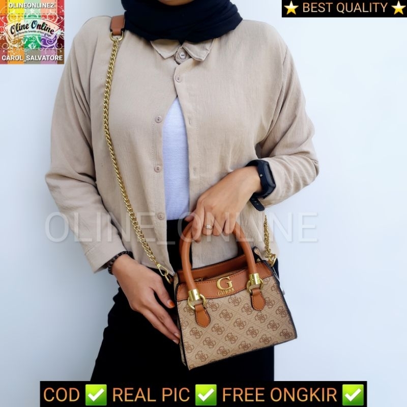 SKU 1997-2000 tas nell small mini size bag logo with long straps and chain tas jinjing wanita top handle selempang dan crossbody gb black brown white cirebon ready stock indramayu kuningan majalengka losari