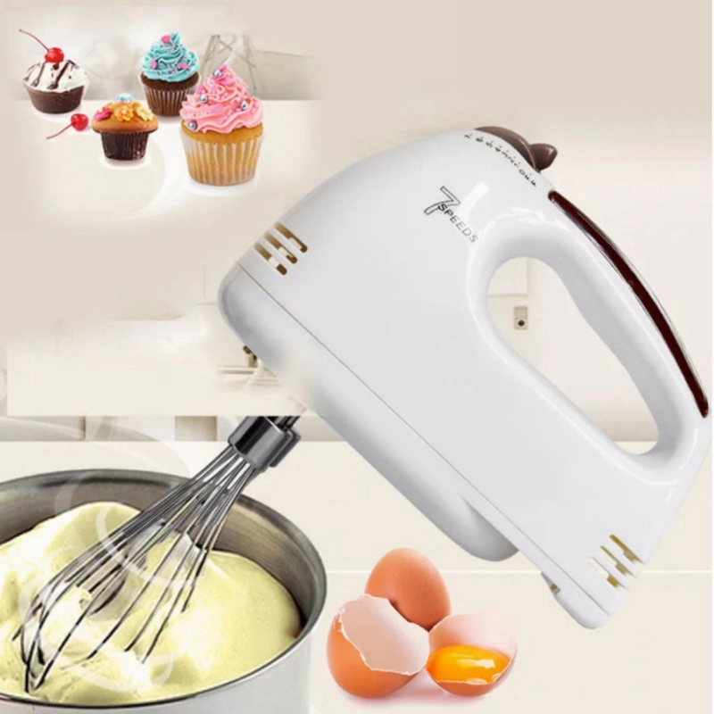 Hand Mixer 100W Pengocok Telur Pengaduk Stainless 7 Kecepatan Kocokan Adonan Telur Elektrik Serbaguna- Putih