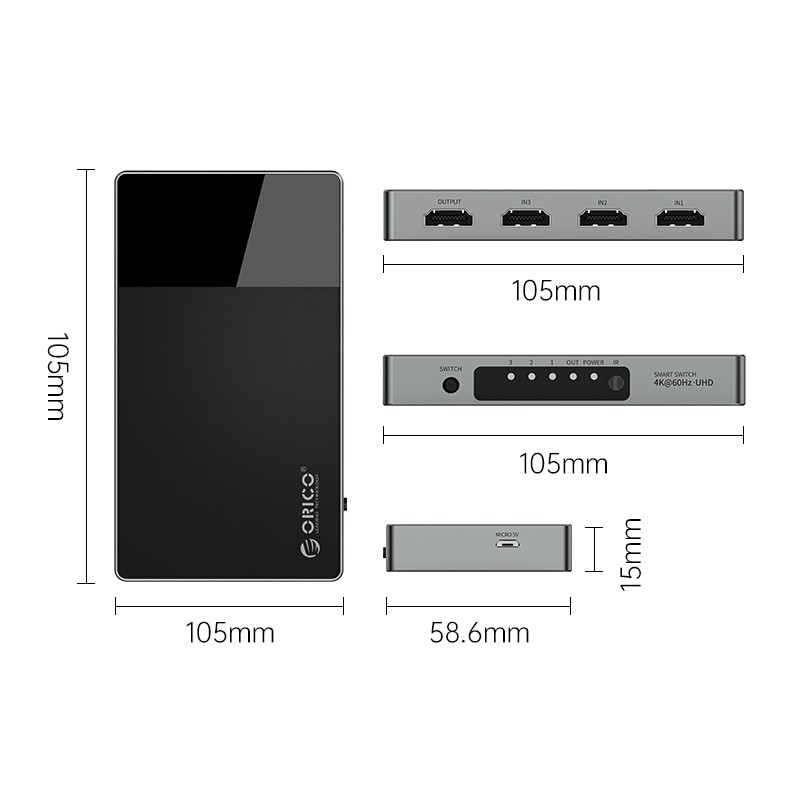 Hdtv 2.0 switch orico 3 port 4k 60hz 600mhz adapter 3in1 w/ remote hd-3h - hdtv switcher selected 3 input 1 output 3x1 hd3h