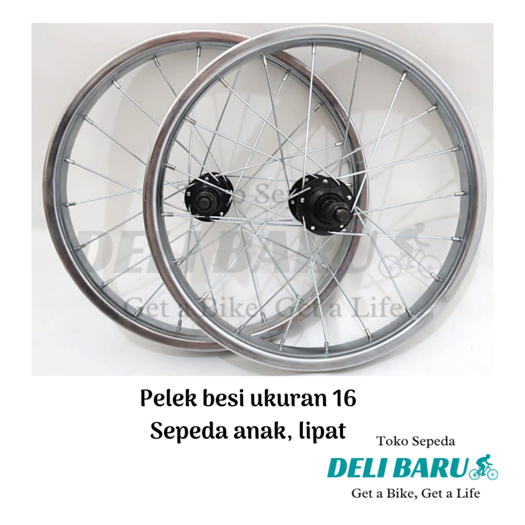 Pelek jadi Wheelset ukuran 16 Velg besi chrome hub hitam sepeda anak, mini, lipat harga sepasang