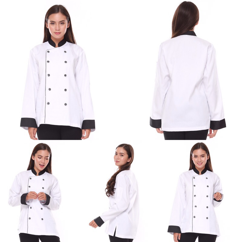 Baju Koki / Chef Jacket Putih Lis Hitam Lengan Panjang